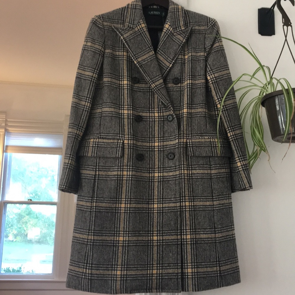 Lauren Ralph Lauren Plaid Wool Blend Double-Breasted Coat in Black and Cream